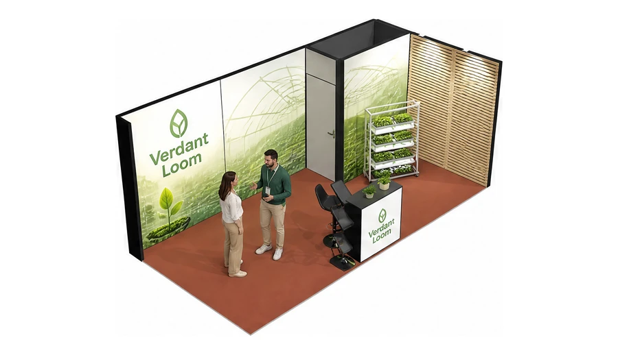 Stoisko 6 × 3 m narożne prawe dla branży sadownictwo i warzywnictwo, przykładowa marka Verdant Loom