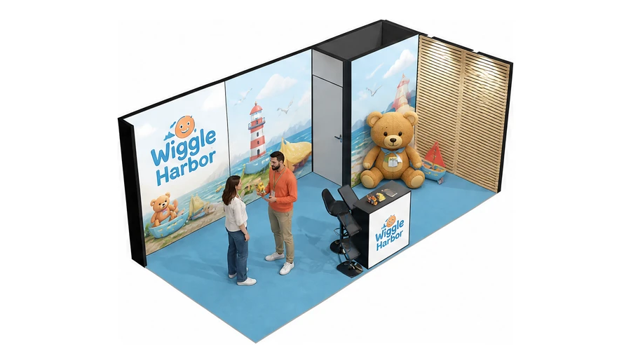 Stoisko 6 × 3 m narożne prawe dla branży zabawki i artykuły dziecięce, przykładowa marka Wiggle Harbor