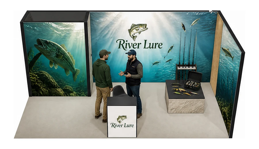 Stoisko 6 × 3 m narożne prawe dla branży wędkarstwo, przykładowa marka River Lure