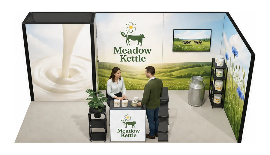 Stoisko 6 × 3 m narożne prawe dla branży nabiał i mleczarstwo, przykładowa marka Meadow Kettle