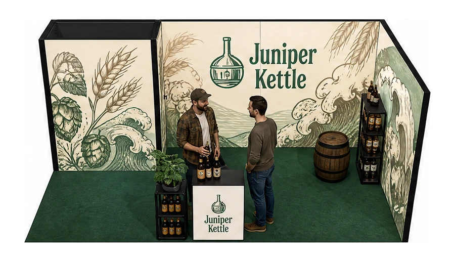 Stoisko 6 × 3 m narożne prawe dla branży browar rzemieślniczy, przykładowa marka Juniper Kettle
