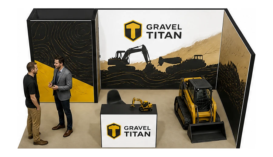 Stoisko 6 × 3 m narożne prawe dla branży maszyny budowlane, przykładowa marka Gravel Titan