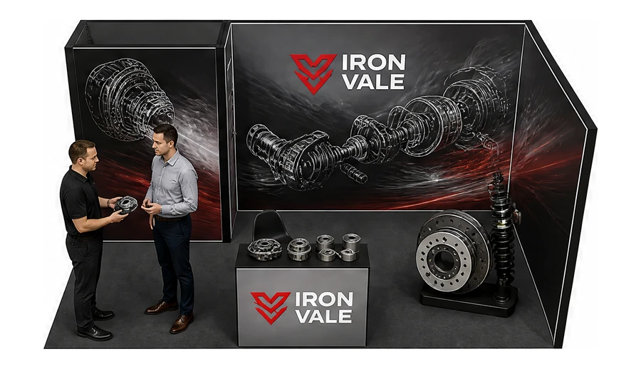 Stoisko 6 × 3 m narożne prawe dla branży części motoryzacyjne, przykładowa marka Iron Vale
