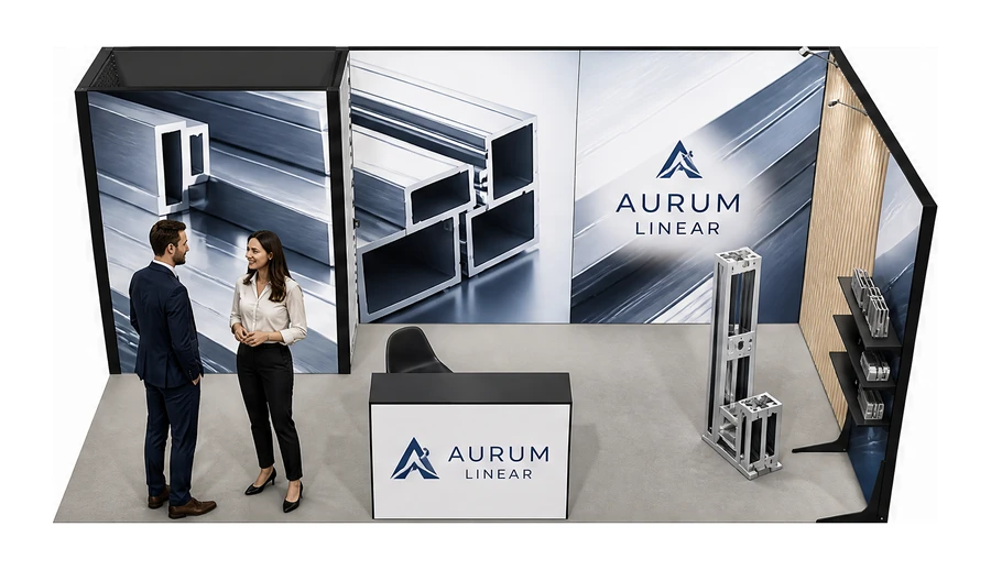 Stoisko 6 × 3 m narożne prawe dla branży profile aluminiowe, przykładowa marka Aurum Linear