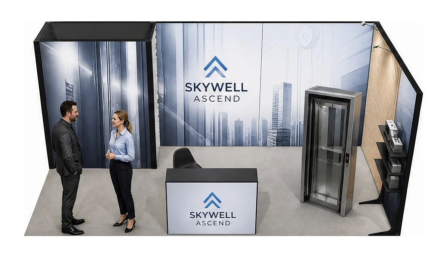 Stoisko 6 × 3 m narożne prawe dla branży dźwigi i windy, przykładowa marka Skywell Ascend