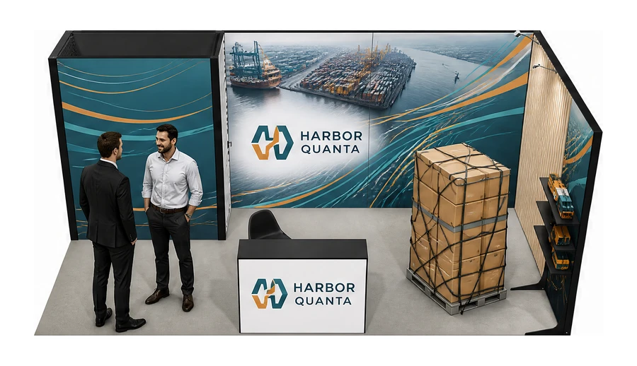 Stoisko 6 × 3 m narożne prawe dla branży logistyka i spedycja, przykładowa marka Harbor Quanta