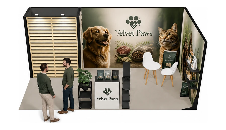Stoisko 6 × 3 m narożne prawe dla branży karma dla zwierząt, przykładowa marka Velvet Paws