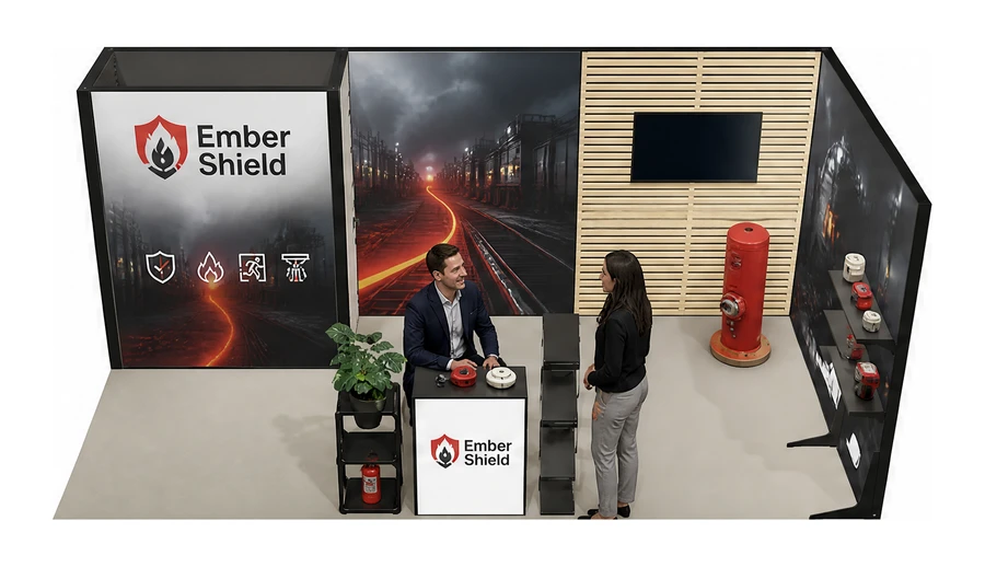 Stoisko 6 × 3 m narożne prawe dla branży ochrona przeciwpożarowa, przykładowa marka Ember Shield
