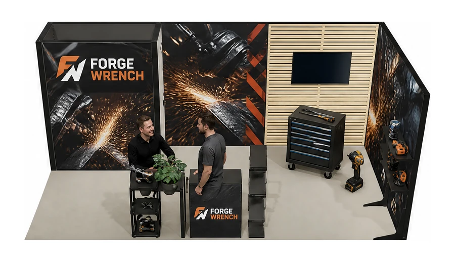 Stoisko 6 × 3 m narożne prawe dla branży elektronarzędzia, przykładowa marka Forge Wrench