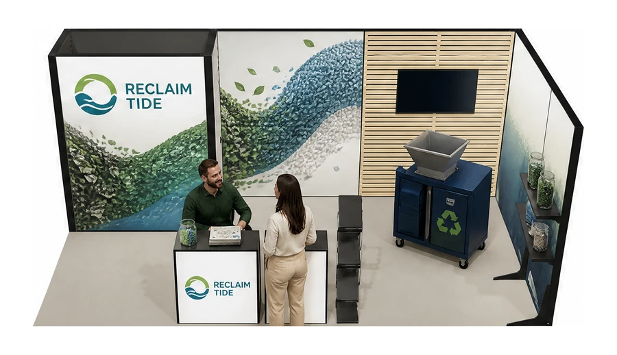 Stoisko 6 × 3 m narożne prawe dla branży recykling i ochrona środowiska, przykładowa marka Reclaim Tide