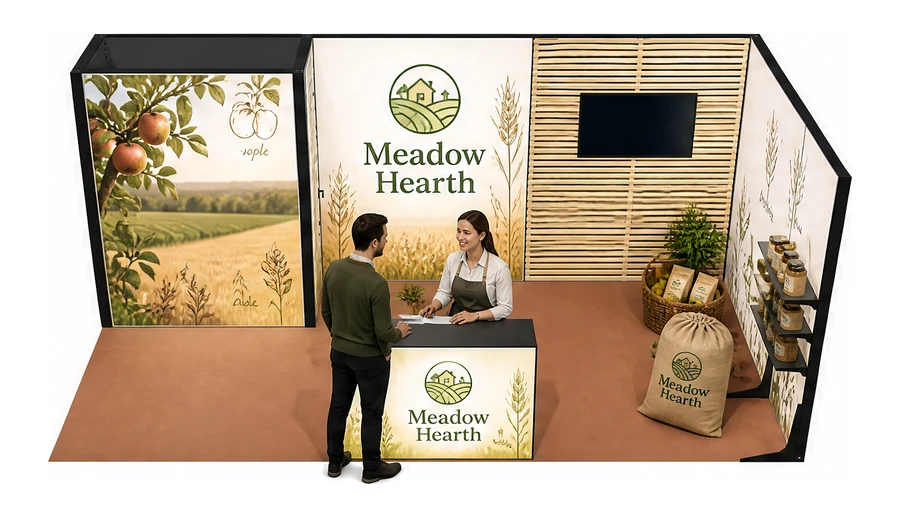 Stoisko 6 × 3 m narożne prawe dla branży żywność ekologiczna, przykładowa marka Meadow Hearth