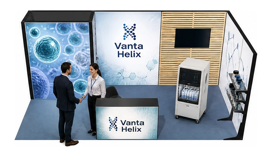 Stoisko 6 × 3 m narożne prawe dla branży farmacja i biotechnologia, przykładowa marka Vanta Helix