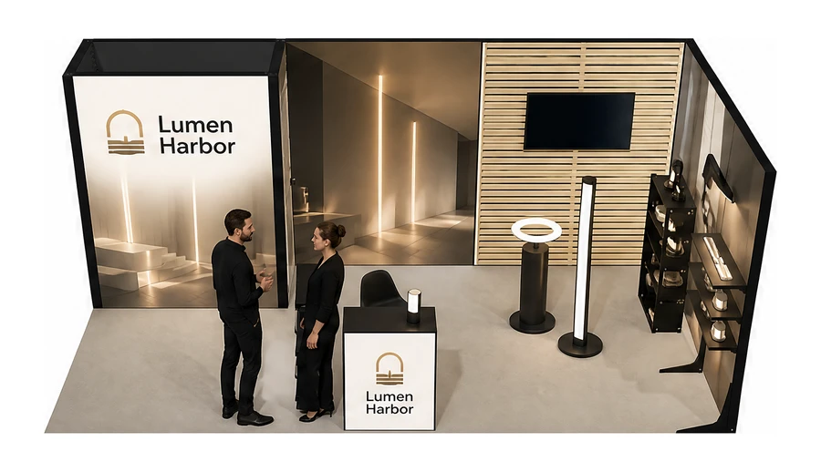 Stoisko 6 × 3 m narożne prawe dla branży oświetlenie, przykładowa marka Lumen Harbor