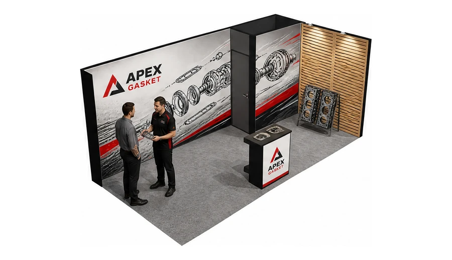 Stoisko 6 × 3 m narożne prawe dla branży części motoryzacyjne, przykładowa marka Apex Gasket