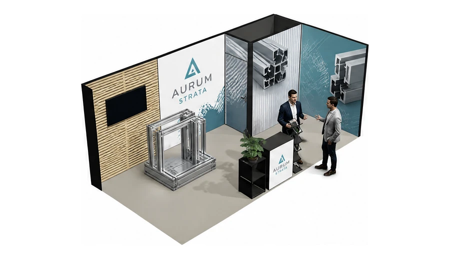 Stoisko 6 × 3 m narożne prawe dla branży profile aluminiowe, przykładowa marka Aurum Strata