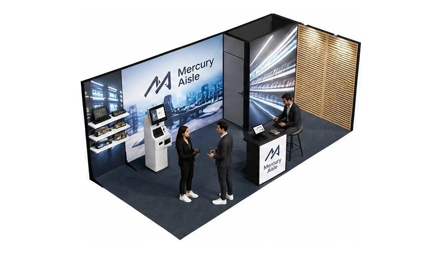 Stoisko 6 × 3 m narożne prawe dla branży technologie dla handlu, przykładowa marka Mercury Aisle