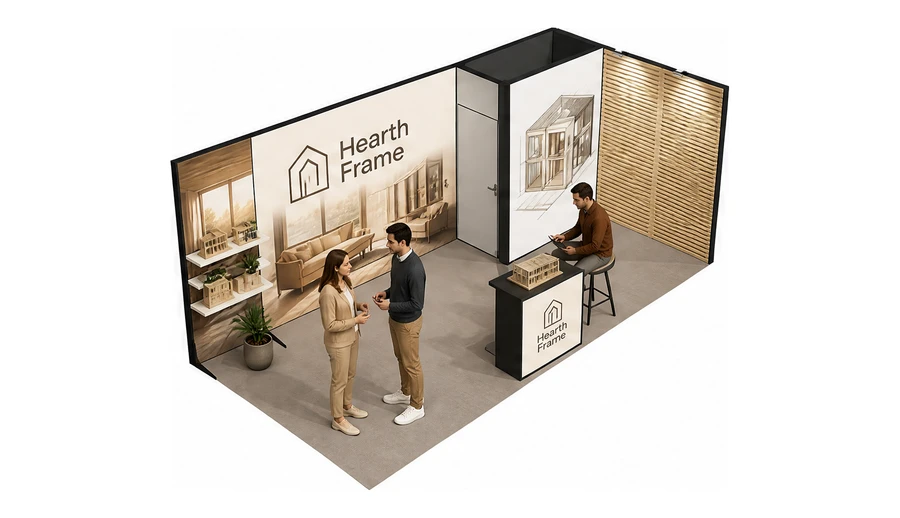 Stoisko 6 × 3 m narożne prawe dla branży domy modułowe i prefabrykacja, przykładowa marka Hearth Frame