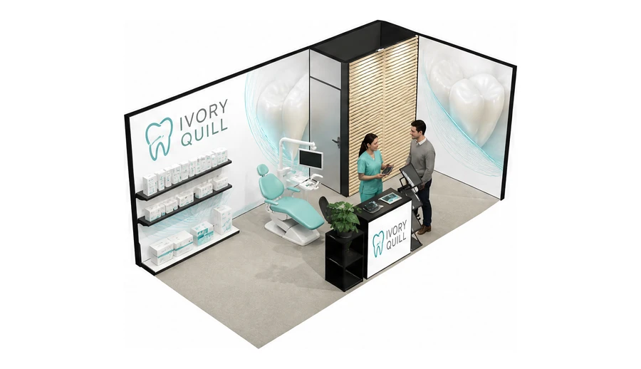 Stoisko 6 × 3 m narożne prawe dla branży stomatologia, przykładowa marka Ivory Quill
