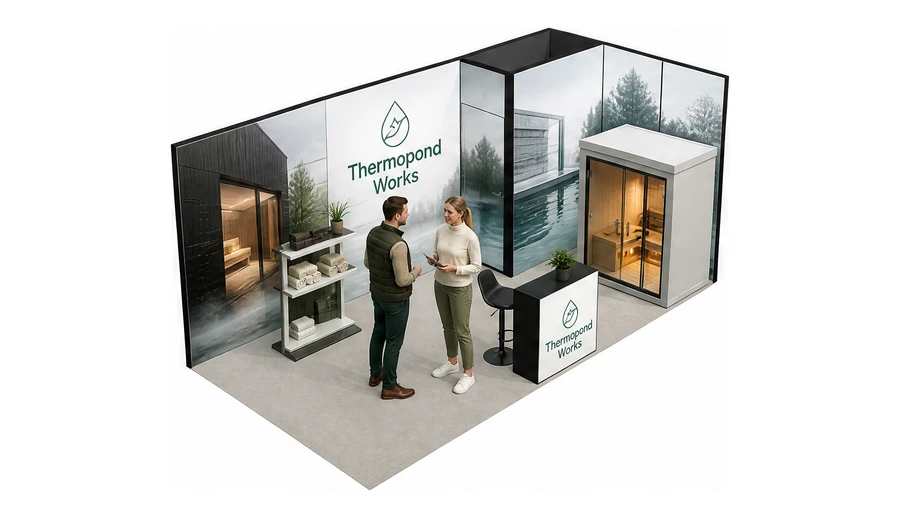 Stoisko 6 × 3 m narożne prawe dla branży baseny i sauny, przykładowa marka Thermopond Works