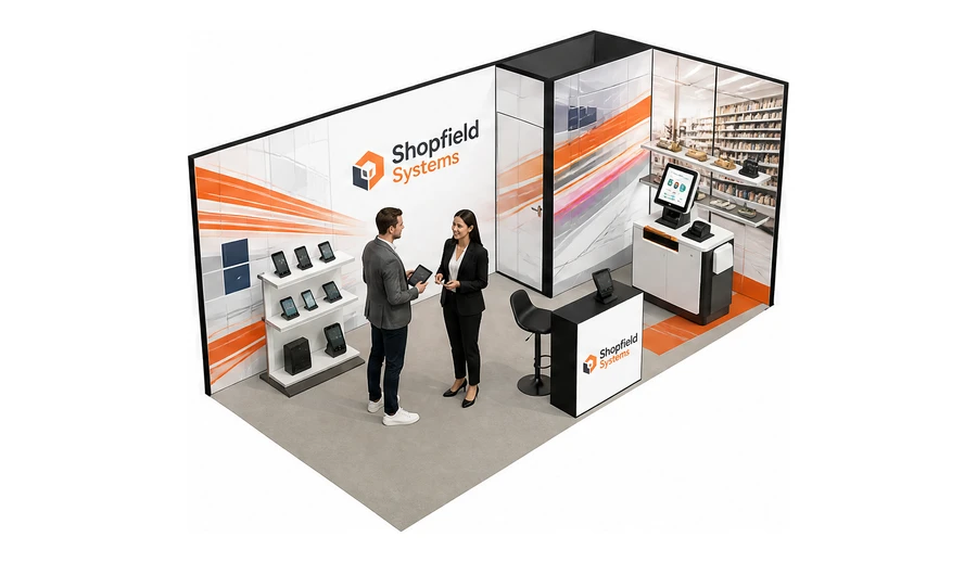 Stoisko 6 × 3 m narożne prawe dla branży technologie dla handlu, przykładowa marka Shopfield Systems
