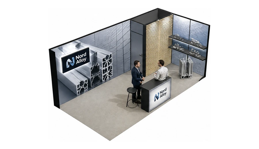 Stoisko 6 × 3 m narożne prawe dla branży profile aluminiowe, przykładowa marka Nord Alloy