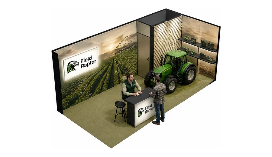Stoisko 6 × 3 m narożne prawe dla branży maszyny rolnicze, przykładowa marka Field Raptor