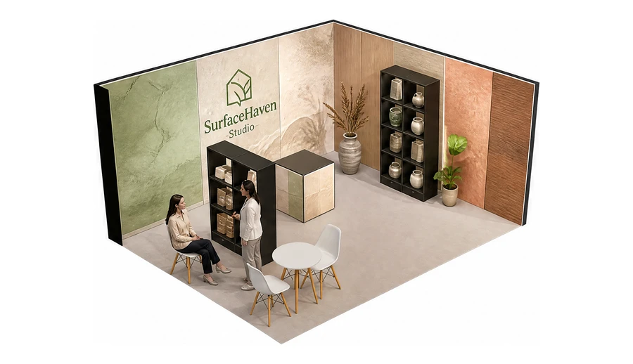 Stoisko 6 × 4 m narożne prawe dla branży wykończenie wnętrz, przykładowa marka SurfaceHaven Studio