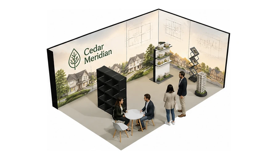 Stoisko 6 × 4 m narożne prawe dla branży deweloperzy i nieruchomości, przykładowa marka Cedar Meridian