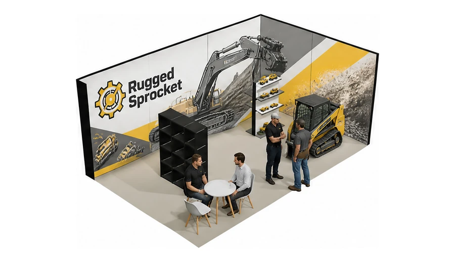 Stoisko 6 × 4 m narożne prawe dla branży maszyny budowlane, przykładowa marka Rugged Sprocket