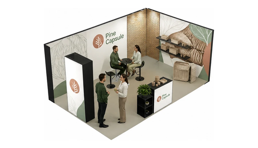 Stoisko 6 × 4 m narożne prawe dla branży opakowania ekologiczne, przykładowa marka Pine Capsule