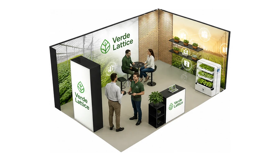 Stoisko 6 × 4 m narożne prawe dla branży sadownictwo i warzywnictwo, przykładowa marka Verde Lattice