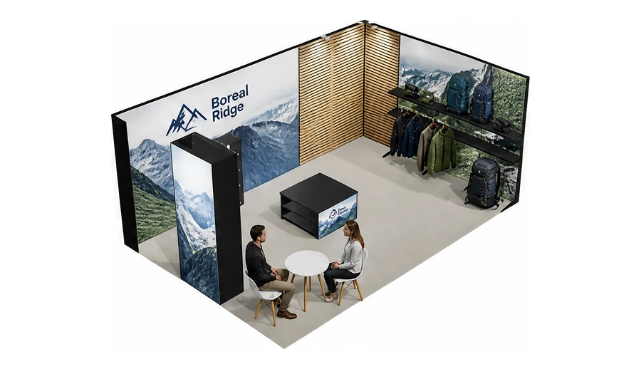 Stoisko 6 × 4 m narożne prawe dla branży odzież i sprzęt outdoorowy, przykładowa marka Boreal Ridge