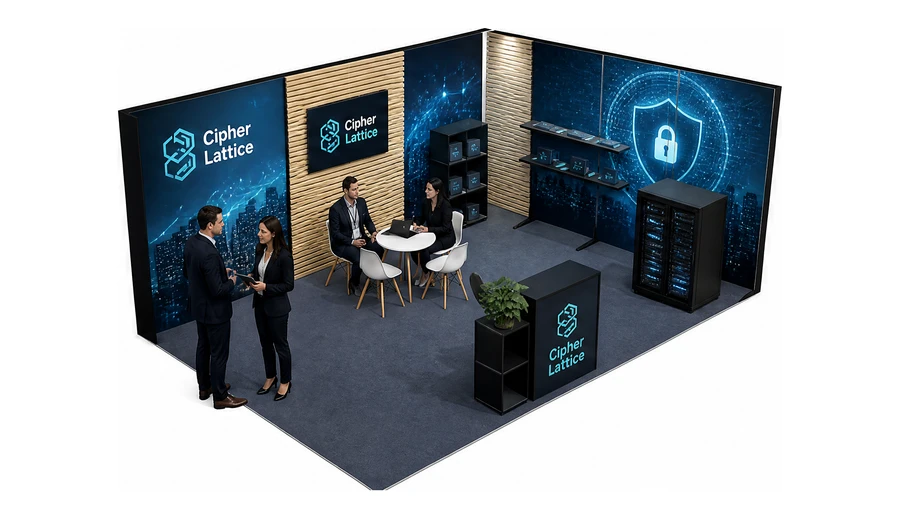 Stoisko 6 × 4 m narożne prawe dla branży cyberbezpieczeństwo, przykładowa marka Cipher Lattice