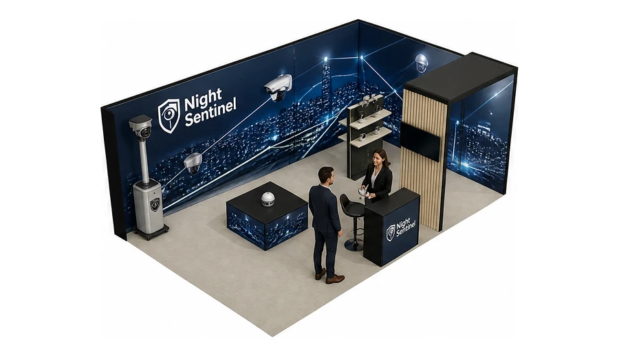Stoisko 6 × 4 m narożne prawe dla branży systemy zabezpieczeń, przykładowa marka Night Sentinel