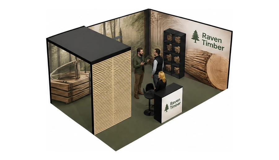 Stoisko 6 × 4 m narożne prawe dla branży leśnictwo i przemysł drzewny, przykładowa marka Raven Timber