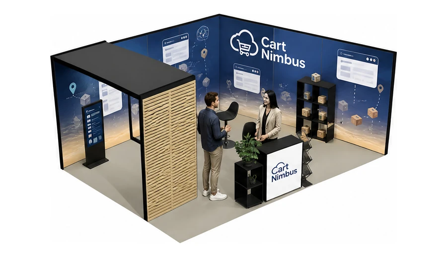 Stoisko 6 × 4 m narożne prawe dla branży e-commerce, przykładowa marka Cart Nimbus