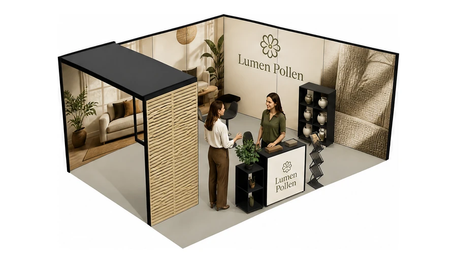 Stoisko 6 × 4 m narożne prawe dla branży meble designerskie, przykładowa marka Lumen Pollen
