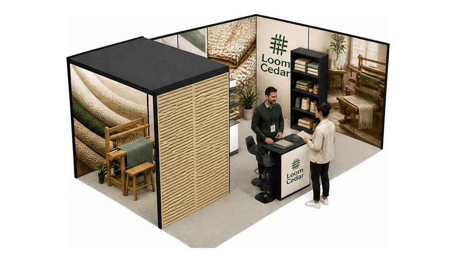 Stoisko 6 × 4 m narożne prawe dla branży tekstylia i tkaniny, przykładowa marka Loom Cedar