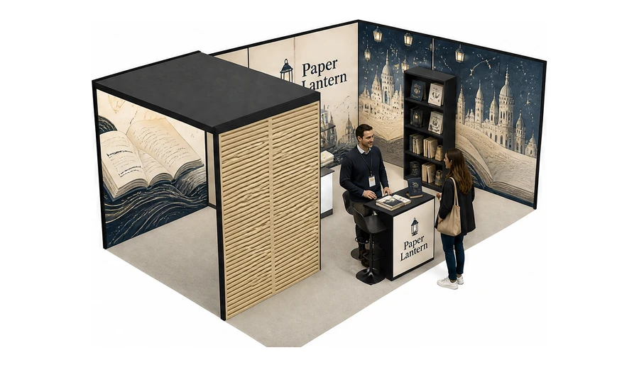 Stoisko 6 × 4 m narożne prawe dla branży wydawnictwa, przykładowa marka Paper Lantern
