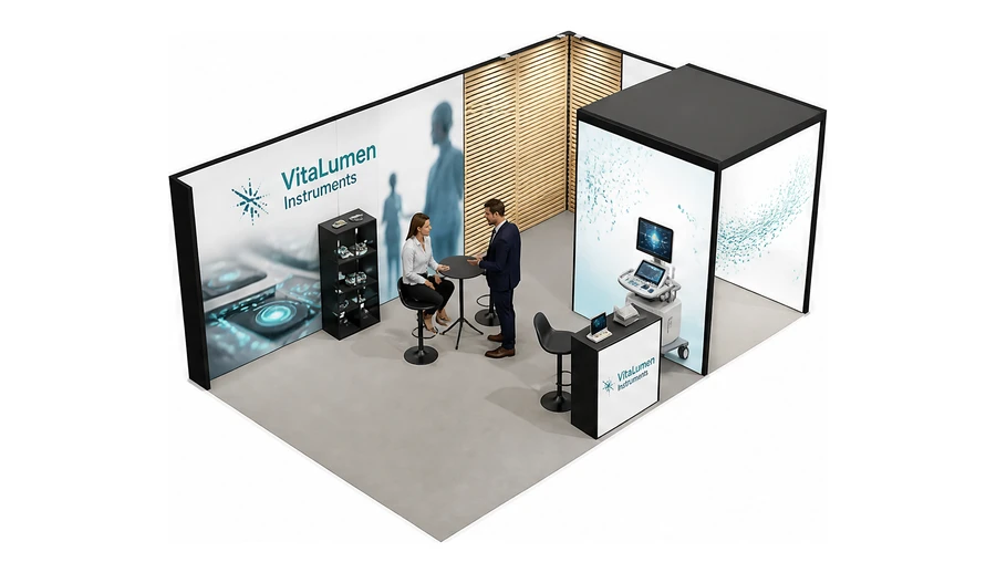 Stoisko 6 × 4 m narożne prawe dla branży sprzęt medyczny, przykładowa marka VitaLumen Instruments