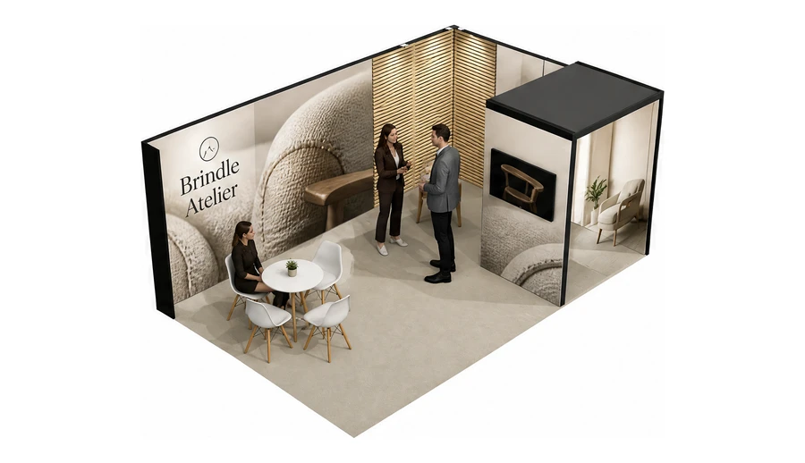 Stoisko 6 × 4 m narożne prawe dla branży meble designerskie, przykładowa marka Brindle Atelier