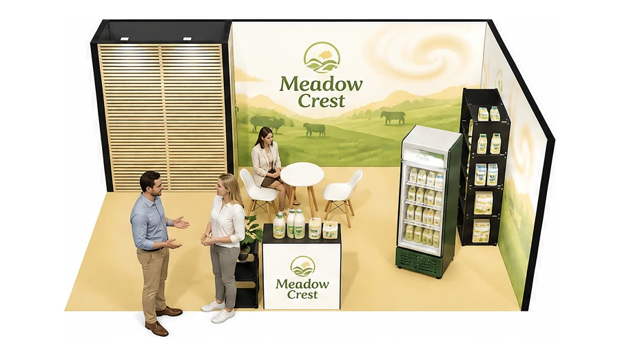 Stoisko 6 × 4 m narożne prawe dla branży nabiał i mleczarstwo, przykładowa marka Meadow Crest
