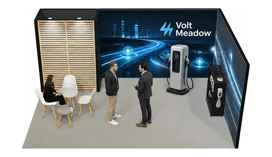 Stoisko 6 × 4 m narożne prawe dla branży elektromobilność i ładowarki, przykładowa marka Volt Meadow