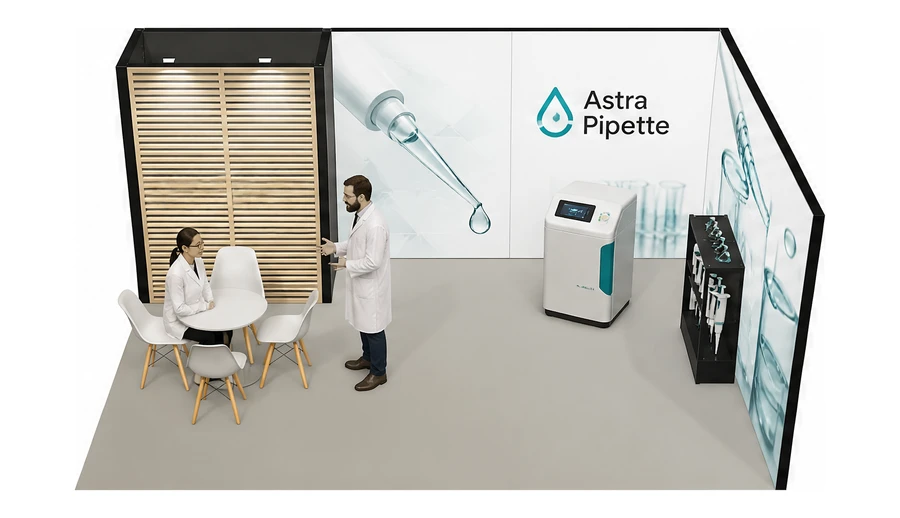 Stoisko 6 × 4 m narożne prawe dla branży sprzęt laboratoryjny, przykładowa marka Astra Pipette