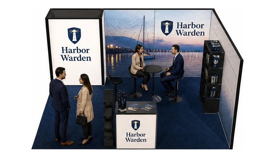 Stoisko 6 × 4 m narożne prawe dla branży ubezpieczenia, przykładowa marka Harbor Warden