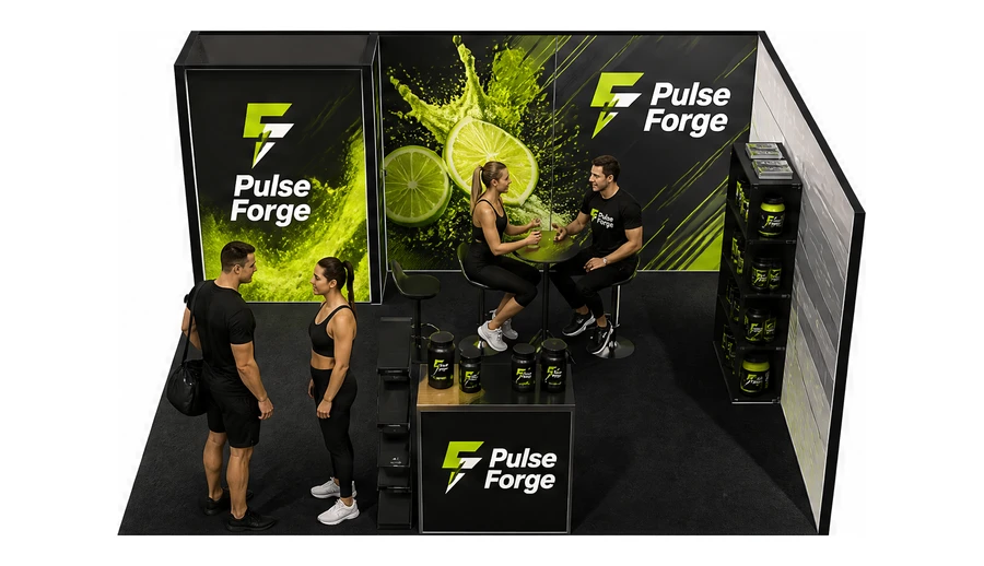 Stoisko 6 × 4 m narożne prawe dla branży suplementy diety, przykładowa marka Pulse Forge