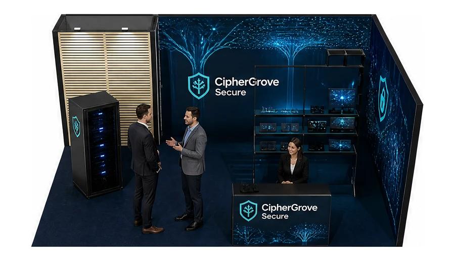 Stoisko 6 × 4 m narożne prawe dla branży cyberbezpieczeństwo, przykładowa marka CipherGrove Secure