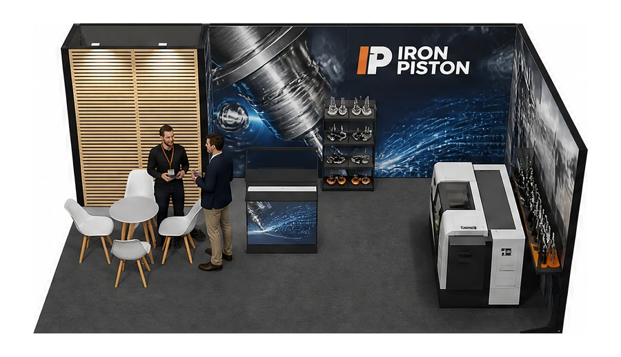 Stoisko 6 × 4 m narożne prawe dla branży obrabiarki i narzędzia, przykładowa marka Iron Piston