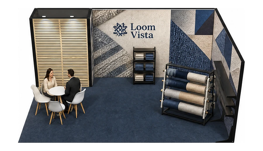 Stoisko 6 × 4 m narożne prawe dla branży tekstylia i tkaniny, przykładowa marka Loom Vista