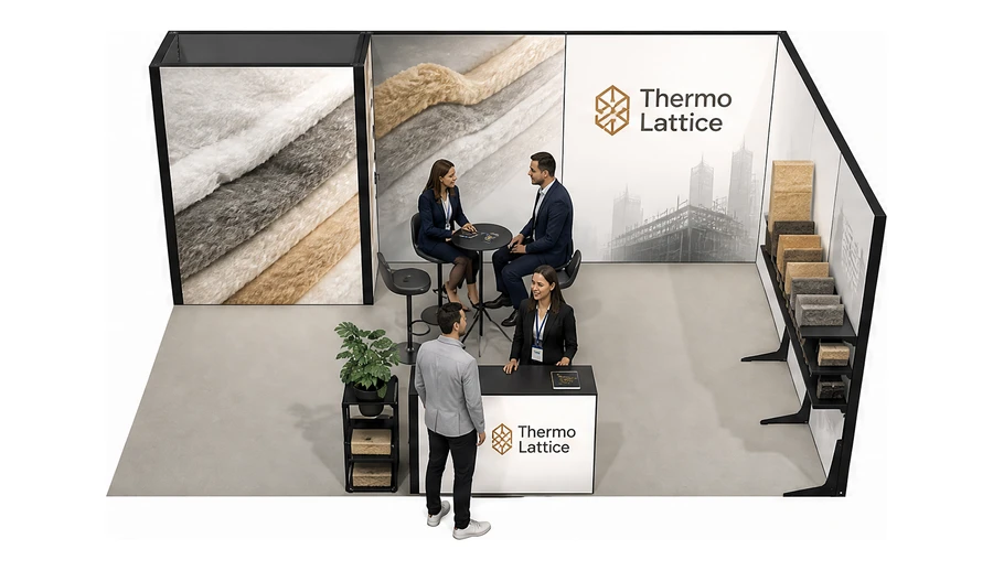 Stoisko 6 × 4 m narożne prawe dla branży izolacje techniczne, przykładowa marka Thermo Lattice